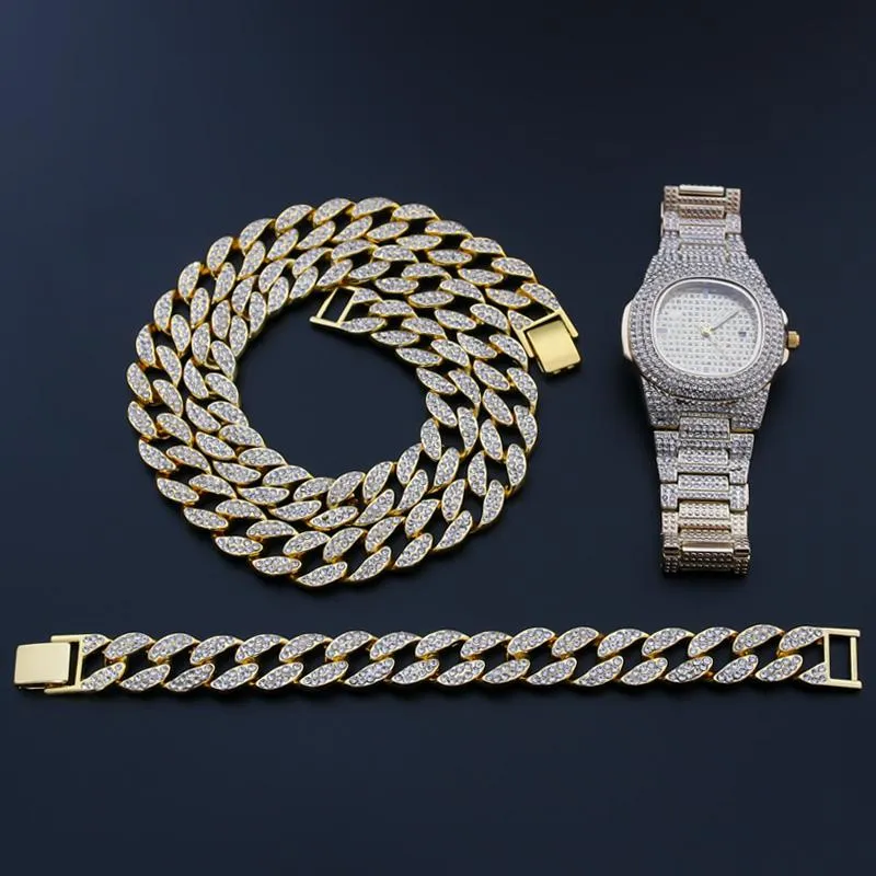 Necklace+Watch+Bracelet Hip Hop Cuban Chain Alloy Gold Color Iced Out Paved Rhinestones CZ Bling Rapper Wedding Jewelry For Men Chains