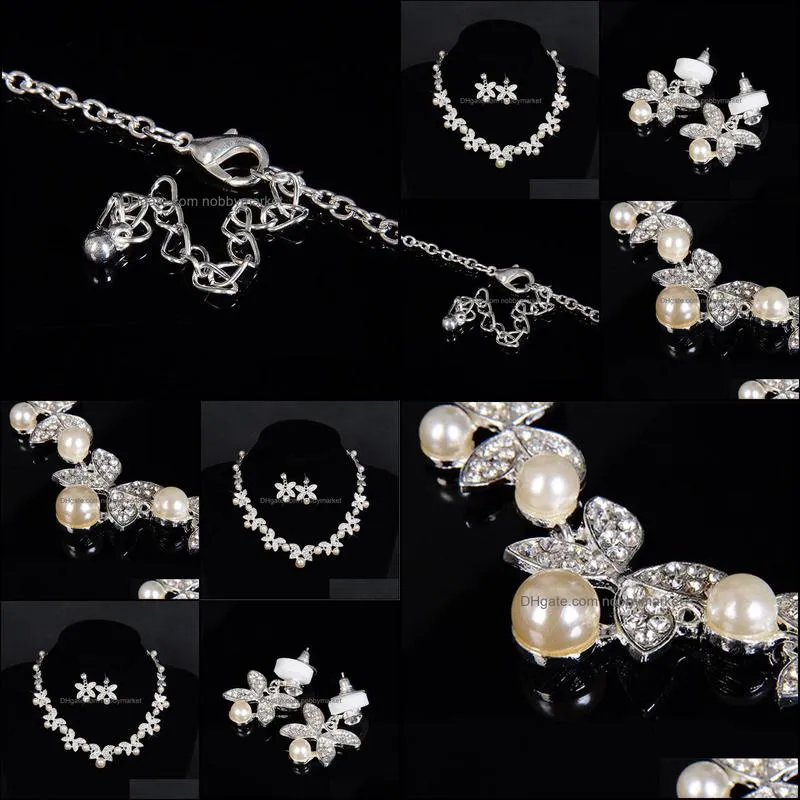 Earrings & Necklace Women`s Floral Faux Pearl Silver Color Bridal Jewelry Set Luxury Shiny Rhinestone Choker Women
