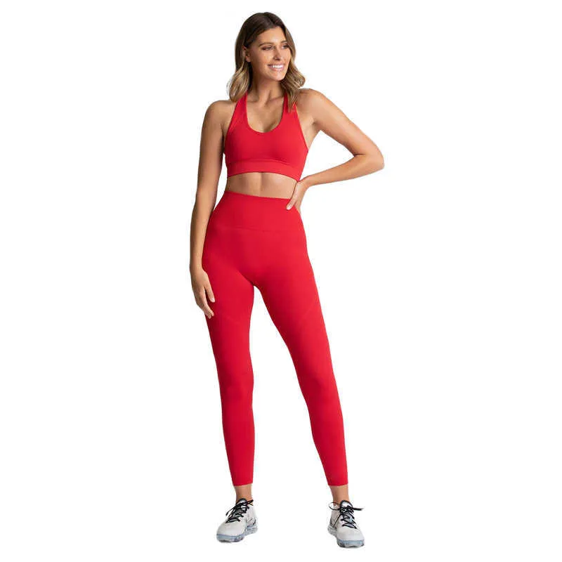 Red Sport Suit Women's Breathable Tights Stretchy Comfortable Yoga Pants + Bra 2pcs Gym FitnWear SeamlLeggings Set X0629