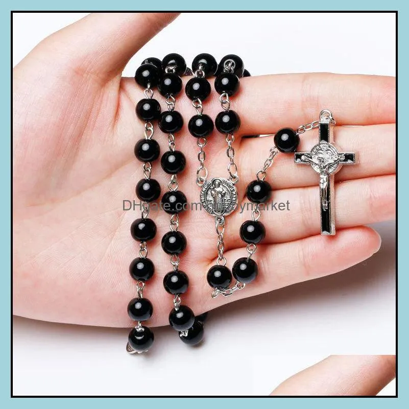 Hängsmycke Halsband Hängsmycken Smycken Mens Katolska Rosary Halsband för kvinnor Kristen Jesus Jungfru Maria Cross Crucifix Galss Beaded Chains