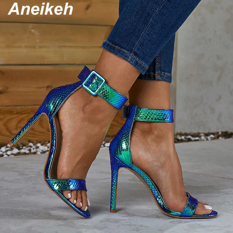 Aneikeh 2021 Fashion Summer Serpentine PU Peep Toe High Heel Women Sandals Sexy Buckle Strap Ankel-Wrap Ladies Club Shoes Silver Y0721