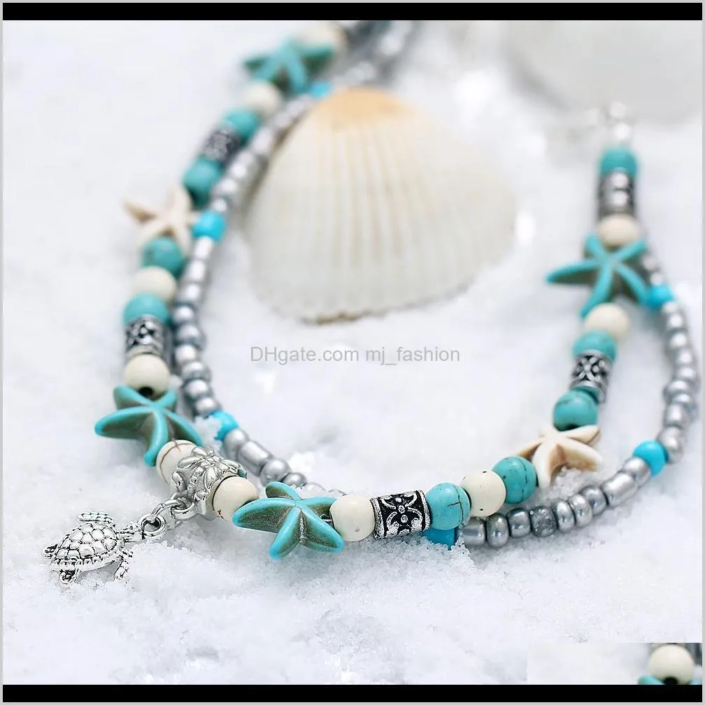 ethnic antique 2 layer ankle bracelet cute starfish cuckold halhal foot chain for women summer beach jewelry tornozeleira 1820