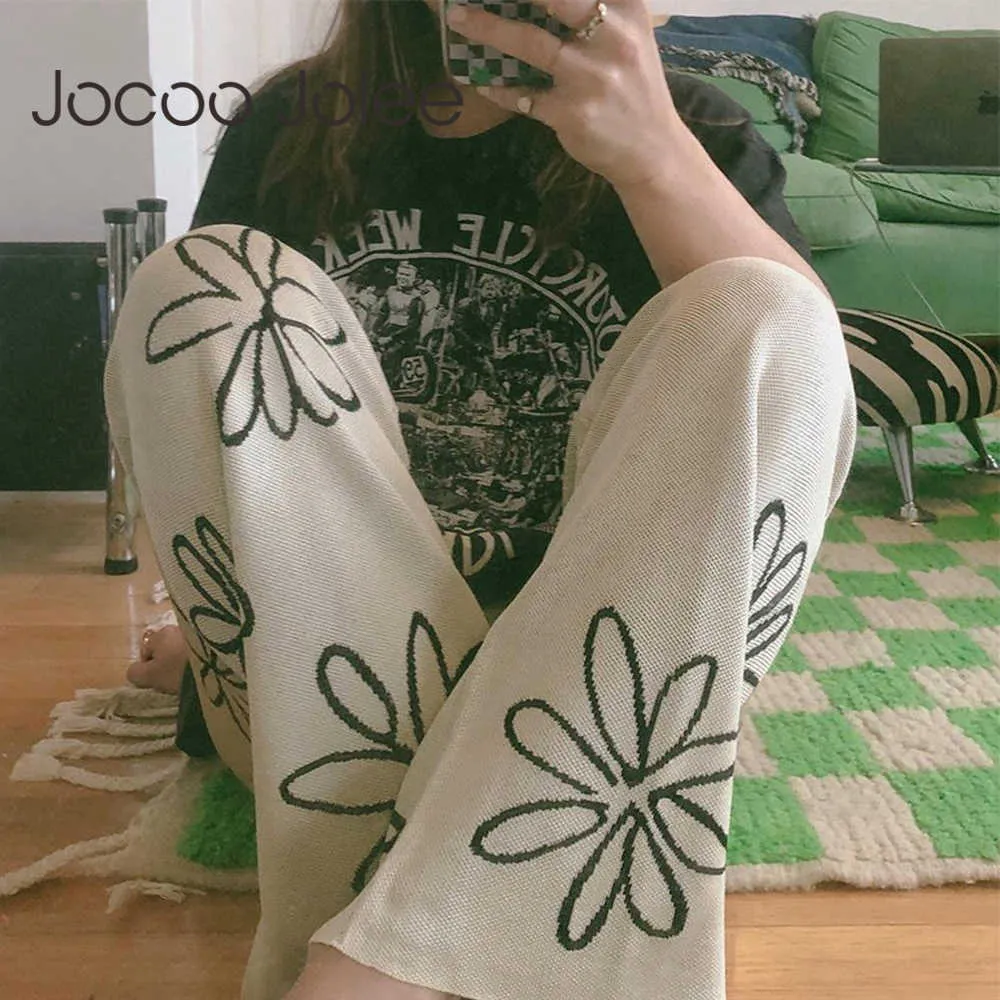Joloo jolee cópia floral do vintage y2k calças de malha mulheres asesthetic 2000s calças retas coreano 90s retro calças streetwear 210619