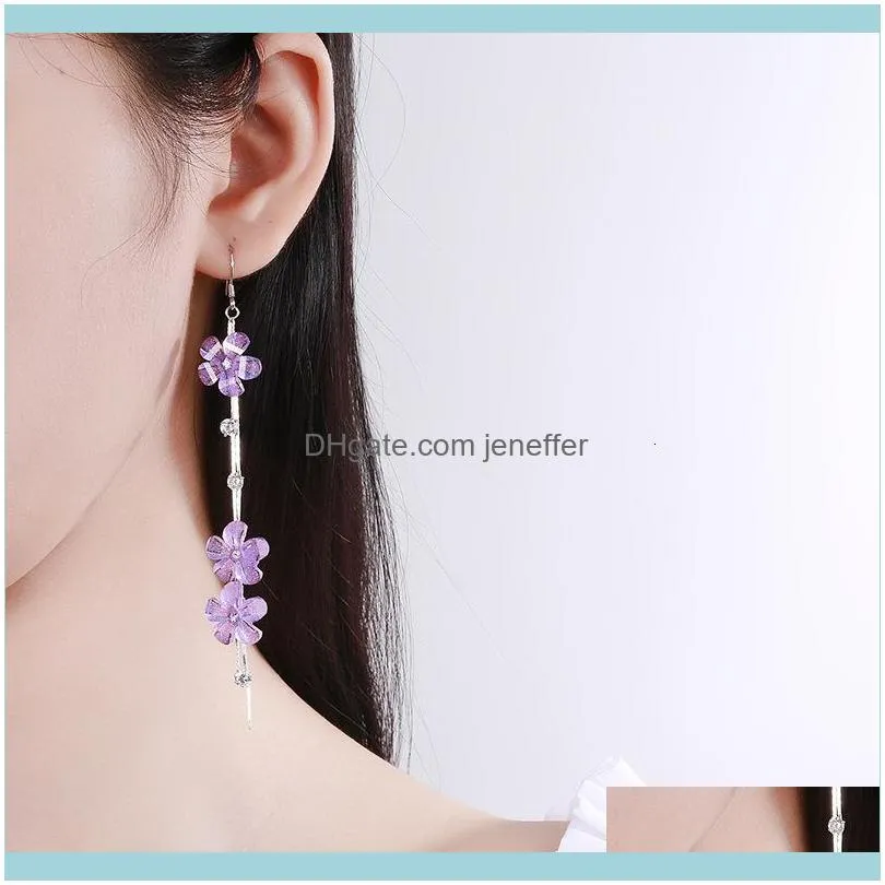 bamboo VINTAGE women`s fashion purple Chain flower EARRINGS 925 silver four claw long tassel earhook
