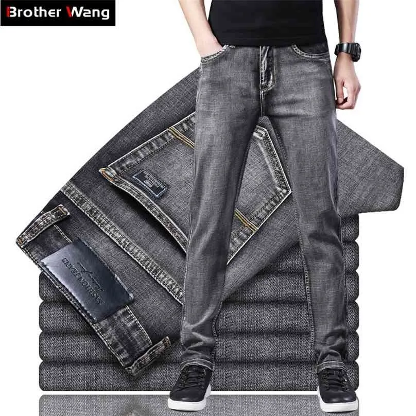 Klassieke heren jeans Hoge kwaliteit zakelijke casual elastische denim broek Mannelijke merk grijze broek 210716