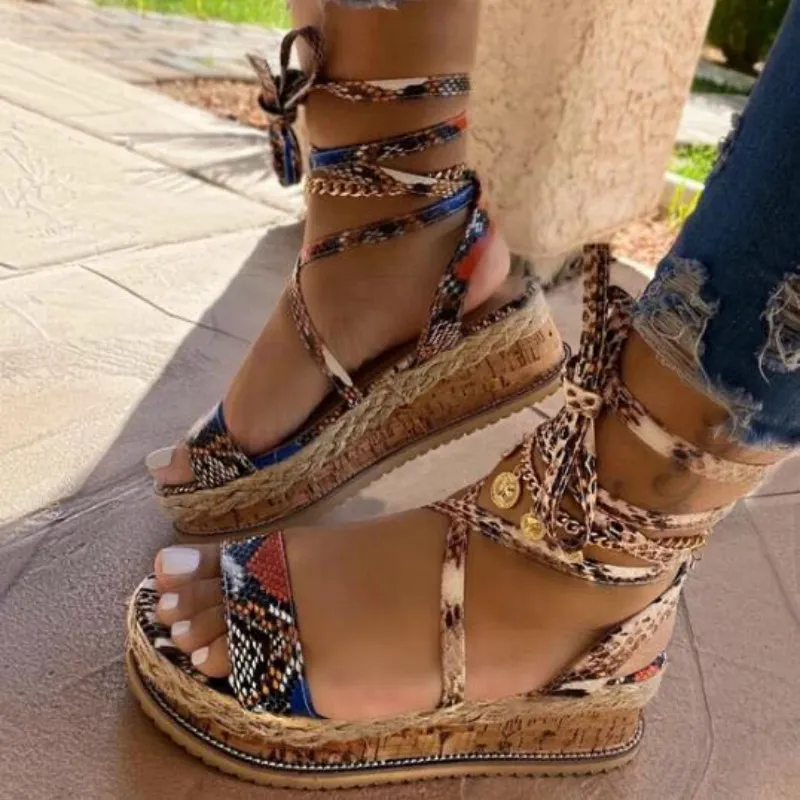 Sandália feminina cobra plataforma de verão cunha salto tornozelo amarrado moda sexy sapatos abertos para festa feminino 2020