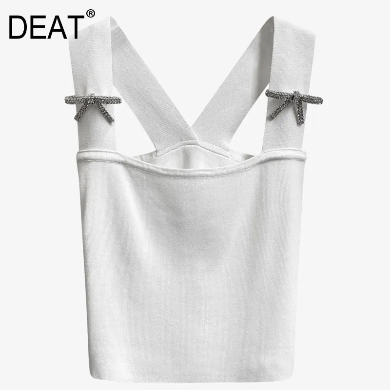 Color sólido Desmontable Diamond Bow Sexy Cross Backless Knitted Suspender Vest Summer Clothes For Womenr GX638 210421