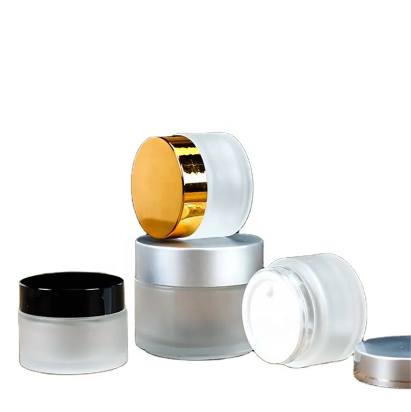 Bouteille de crème de jar en verre dépoli Conteneur cosmétique rechargeable 5G 10G 15g 20g 30g 50g Bouteilles de lotion avec couvercles en or noir argenté