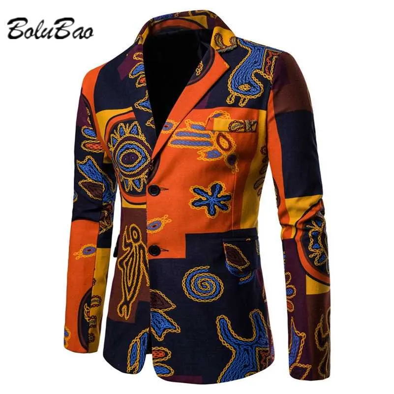 BOLUBAO Men Ethnic Design Suit Blazer Printed Round Neck Casual Men Suit Spring Autumn Single Row Two Button Slim Suit 211120