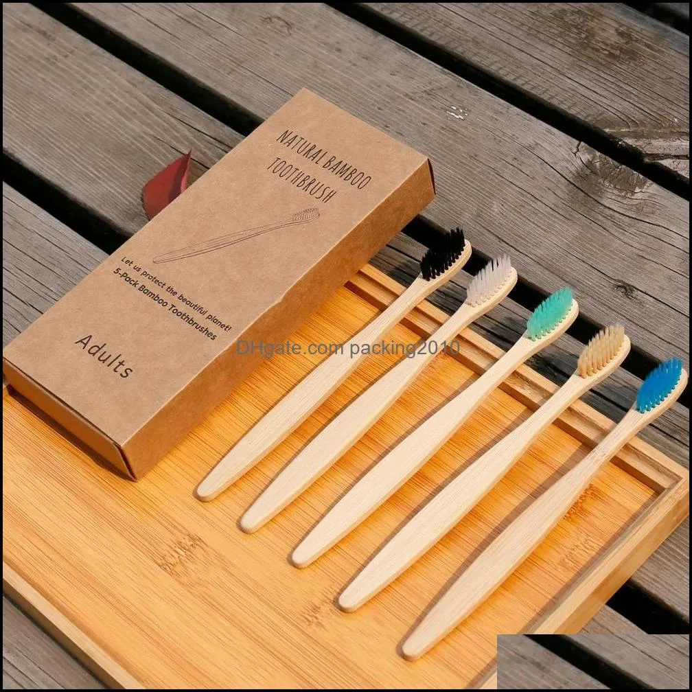 Eco Soft Bamboo Toothbrush 10 Pcs Rainbow Color Kraft Case Package Ecological Flat Handle Biodegradable Natural Hotel Supply