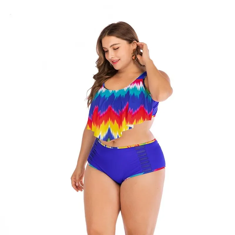 Kvinnors badkläder Rhyme Lady Plus Size 2021 Print Big Bikini Set Sexig Fat Womens High midja Summer Beachwears Baddräkter Swimears 4XL