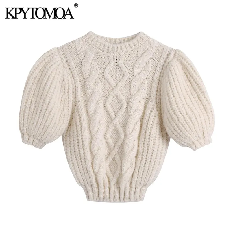 KPYTOMOA KVINNOR FASHION CABLE-stickad beskuren tröja Vintage O Neck Puff Sleeve Kvinna Pullovers Chic Toppar 211217