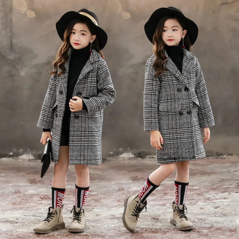 Meisjesjas Herfst Winter Koreaanse Grote Kinderen Wollen Jas Pocket Versie Grijze Plaid Houndstooth Bovenkleding Kleding LJ201125 89 Z2