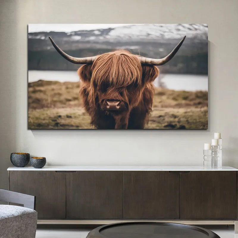 Noir et blanc Highland vache bétail mur toile Art nordique peinture affiche et impression scandinave mur photo pour salon