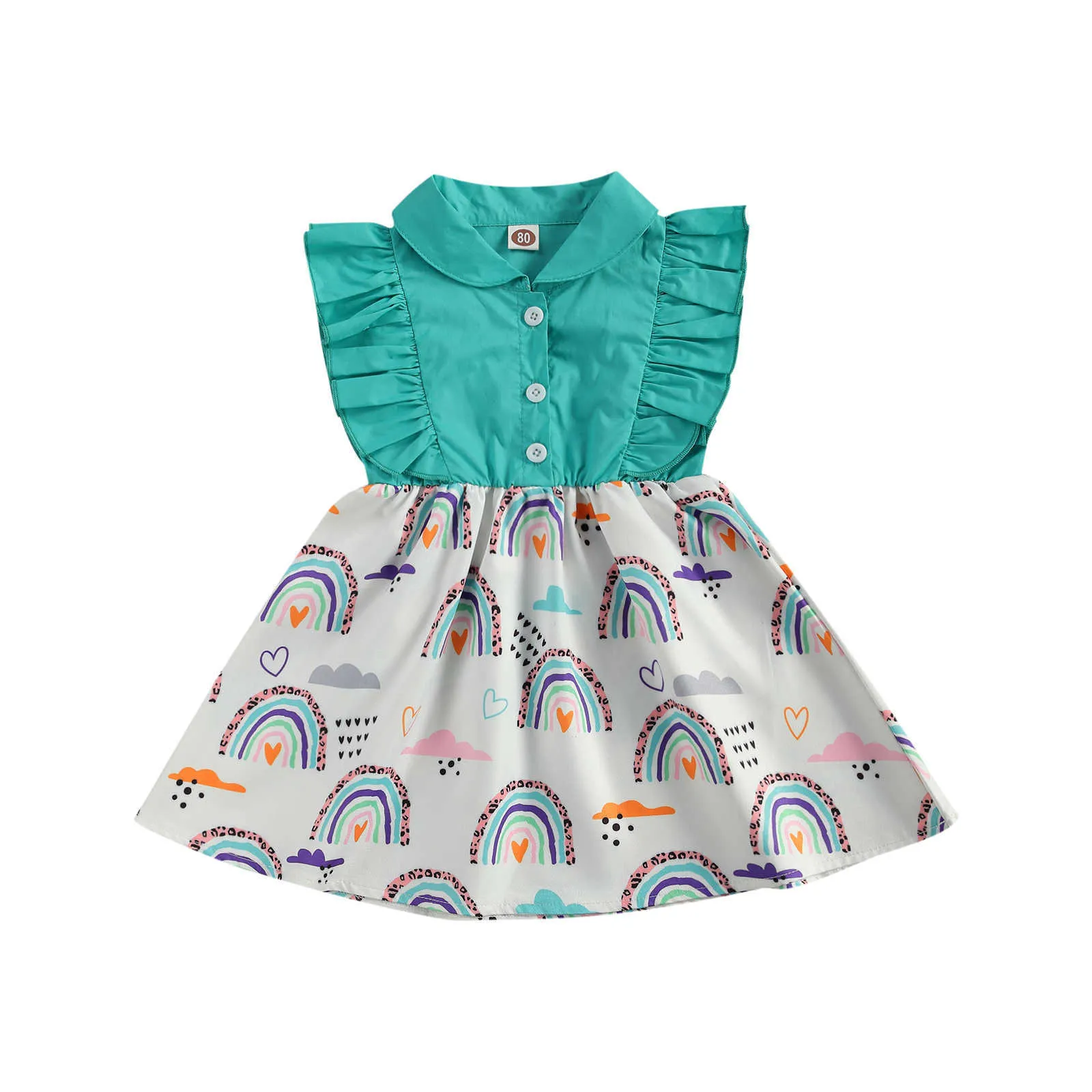 Citgeett Summer Toddler Baby Girls Princess Dress Ruffle Ärmlös Knappar Rainbow Printed Patchwork Sundress Kläder Q0716