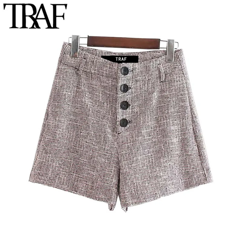 Trafe kvinnor vintage stilig houndstooth tweed shorts mode hög midja sidofickor kvinnliga korta byxor casual pantalones mujer 210415