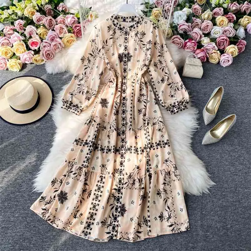 Women's Spring Autumn Dress Korean Retro Style Print Long Sleeve Slim Stand Collar Female es QX898 210507