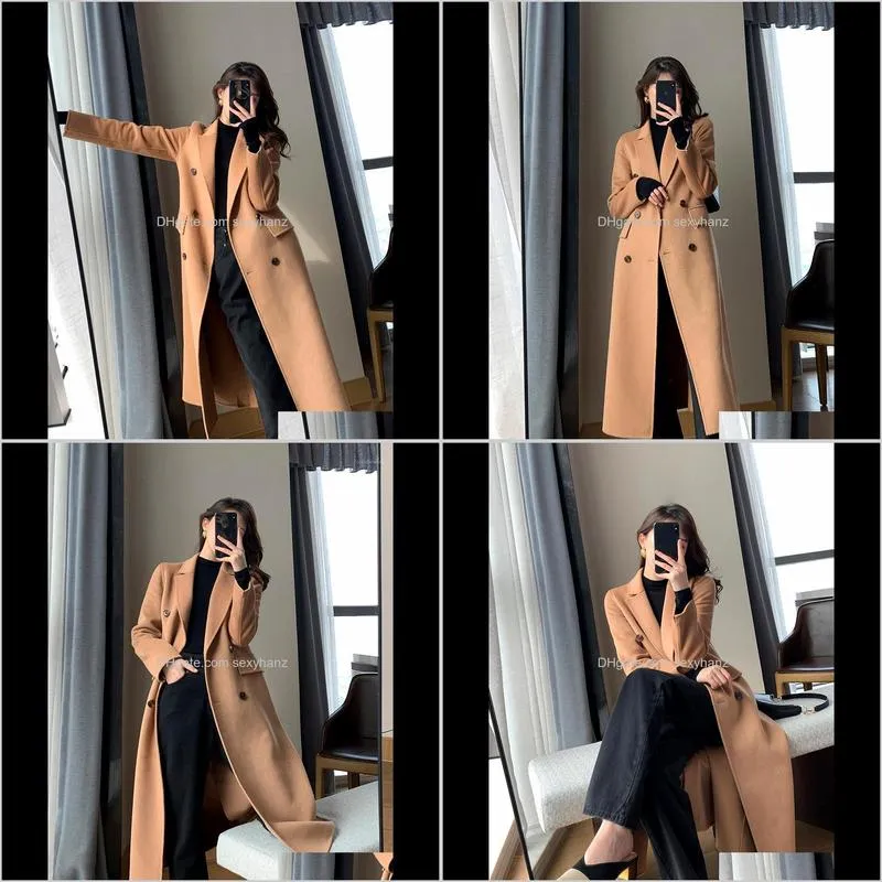 camel double faced cashmere overcoat women`s 2021 autumn and winter new high-end temperament medium long woolen jacket1