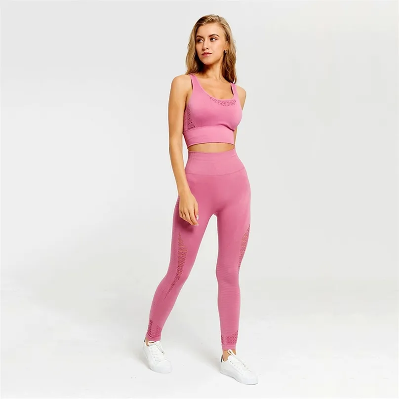 2 Piece Yoga Set Sport Outfit Woman Running Workout Clothes Seamless Fitness Leggings+Longline Sports Bra Gym Wear Women 210802