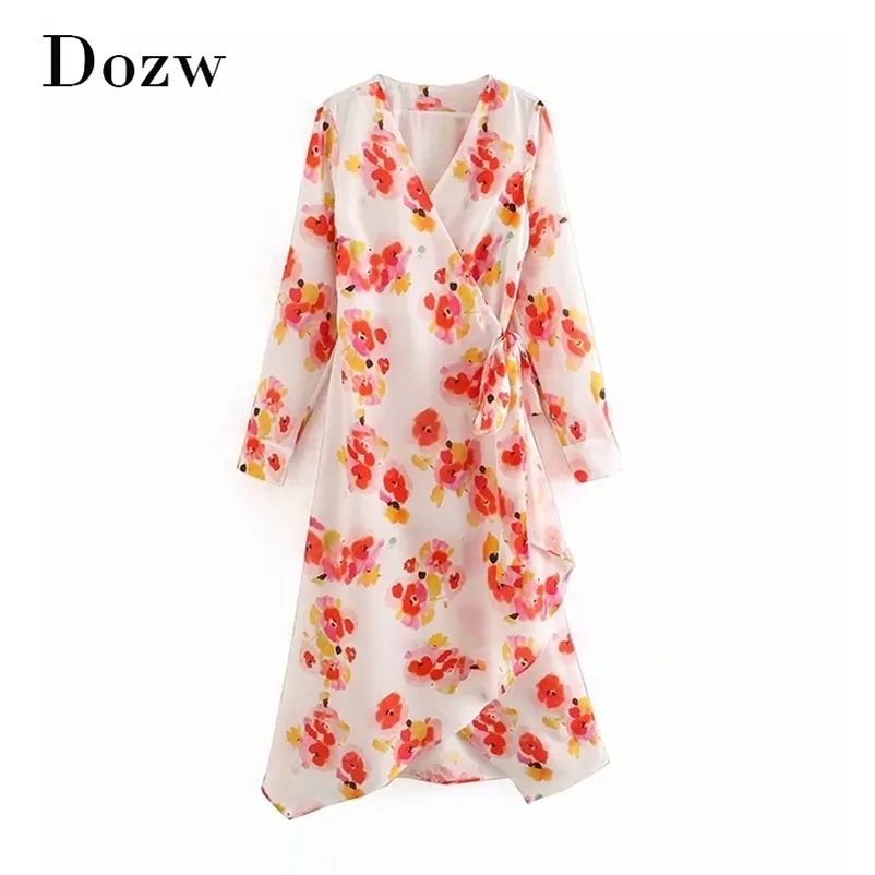 Kwiatowy Drukuj Midi Sukienka Kobiety V Neck Sashes Wrap Damskie Z Długim Rękawem Boho Plaża Kobieta Nieregularne Vestidos de Festa 210515