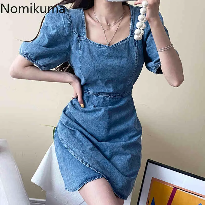 Nomikuma jeans vrouw jurk Koreaanse vierkante kraag bladerdeeg mouw jurken zomer nieuwe slanke hoge getailleerde demin vestidos femme 6H525 210427
