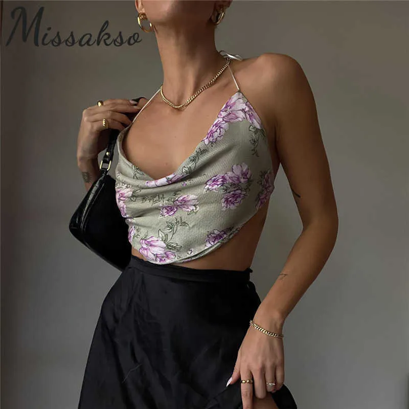 Missakso Estampado floral Halter Lace Up Crop Top Streetwear Beach Mujeres Verano Sexy Flaco Sin espalda Sin mangas Tops 210625