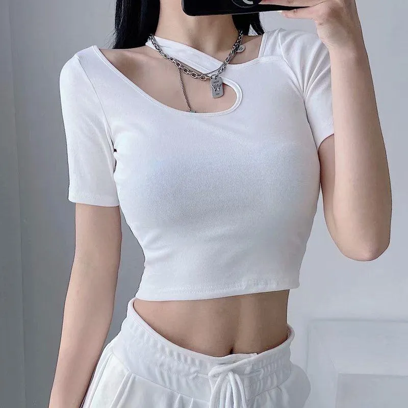 Kvinnors T-shirt Skinny Short Crossbody Midriff-Baring Top High Waist Halter Sleeve