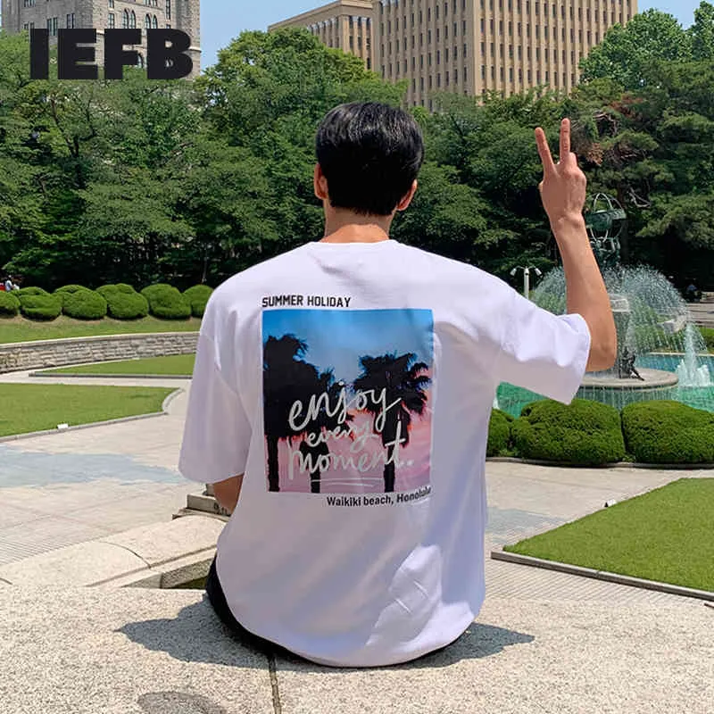 IEFB Summer Fashion Short Sleeve White T-shirt Men's Beach Loose Round Neck Cotton Tee Tops Causal Loose Tee Top 9Y7177 210524