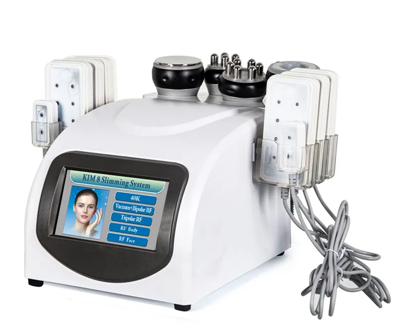 Draagbaar 6 in 1 40k ultrasone cavitatie afslank vacuüm pressotherapie RF 8 pads verbrand lipo laserdiode lllt body vorming machine