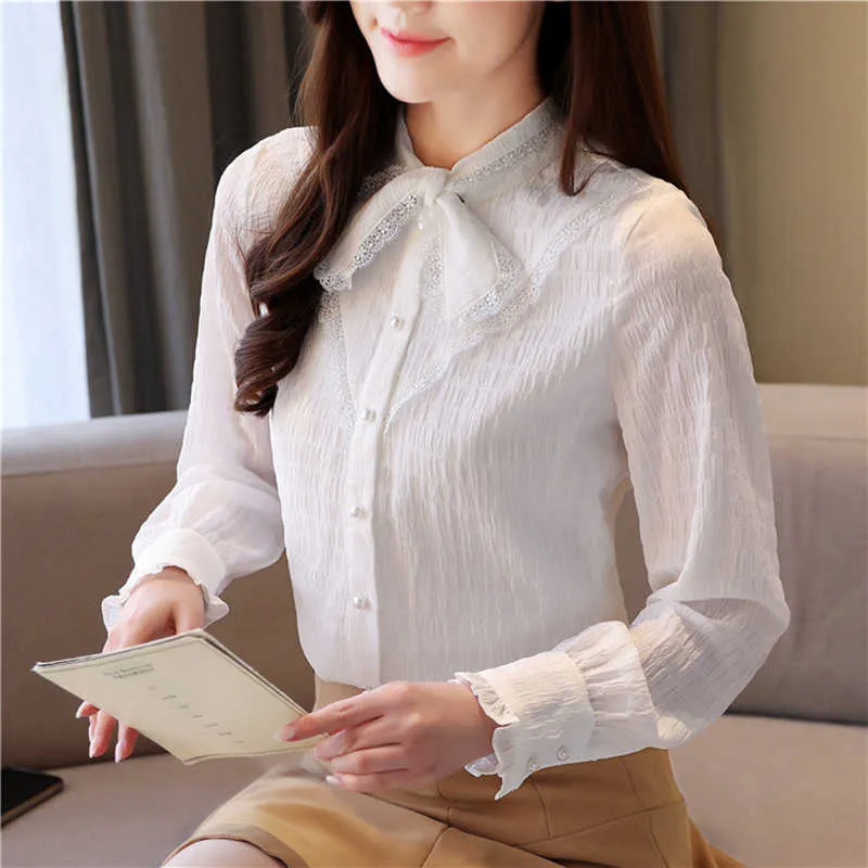 Koreanska Kvinnor Blus Vit S För Chiffon Toppar Kvinna Petal Sleeve Lace Shirts Bow Tie 210604