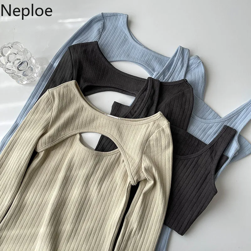 Neploe Sexy Two Piece Set Women Korean Basic Solid Color Thin Vest O Neck Long Sleeve Slim Crop Tops Femme Roupas Korean Suit 210422