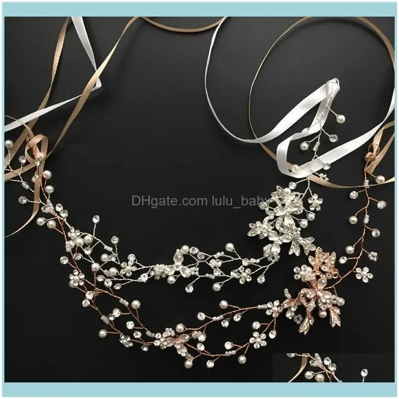 SLBRIDAL Rose Gold Crystal Rhinestone Pearls Wedding accessories Vine Hairband Bridal Headband Bridesmaids Jewelry