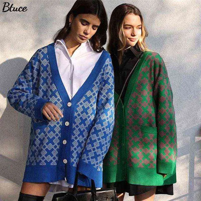 Women V-neck Checkered Print Knitted Cardigan Fashion Female Buttons Casual Long Sleeve Sweater Cardigan With Pocket Autumn 211216