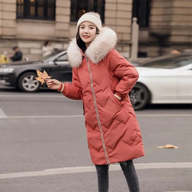 Ankunft Korea Mode Frauen Winterjacke Baumwolle Gepolstert Warm Verdicken Mit Kapuze Druck Parkas Damen Casual Mantel Lange Mäntel D272 210512