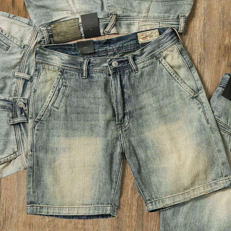 Men Denim Shorts Summer Casual Fashion Chic Street Vintage Pocket Straight Five-Point Pants Trend Distress Fray Washing Cloth G1209
