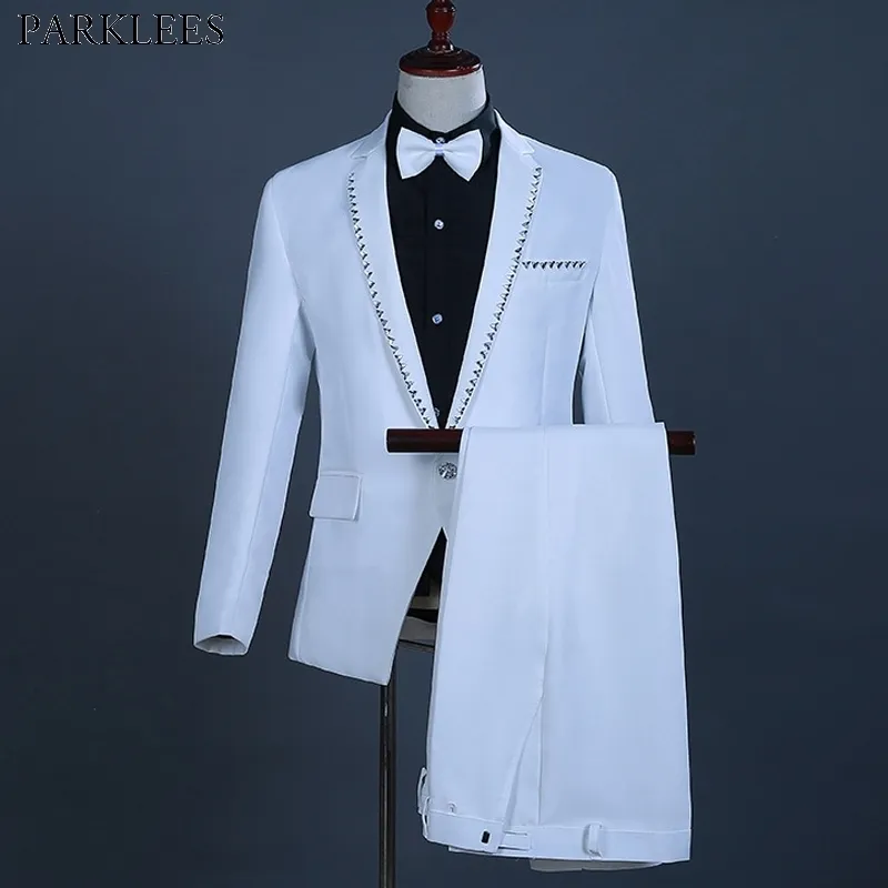 Mens White Diamond Edge 3 PCS SUITS (jaqueta + calça + bowtie) Slim se encaixar estilo elegante noivo ternos com calças traje homme mariage 210522