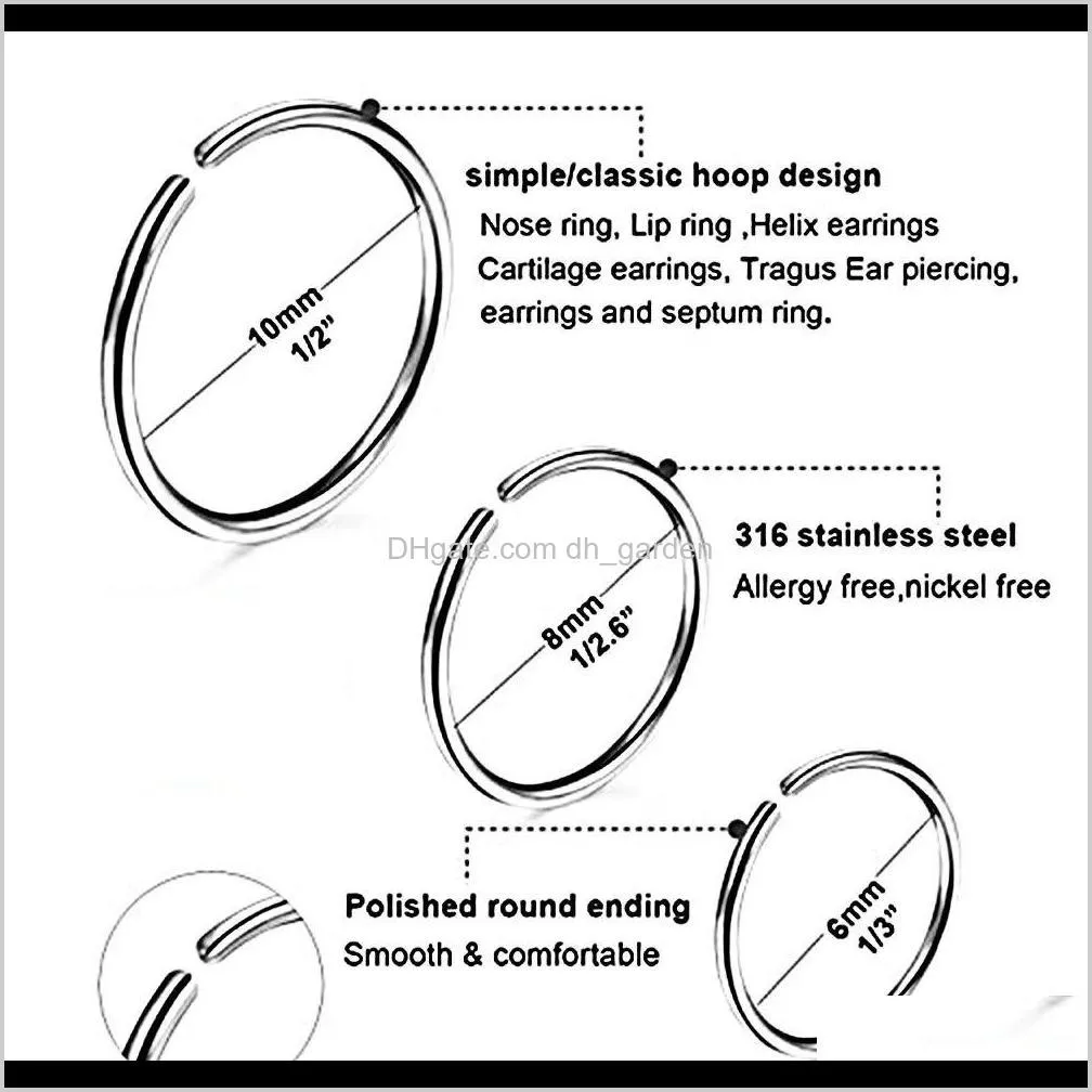 10pcs/set surgical steel nose studs rings hoop cartilage piercing body jewelry 0.8*6/8/10mm