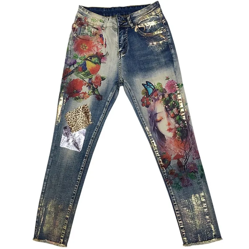 花のパターン塗られた鉛筆のズボンの女性のためのエレガントなスタイルのデニムのズボンのための女性210708