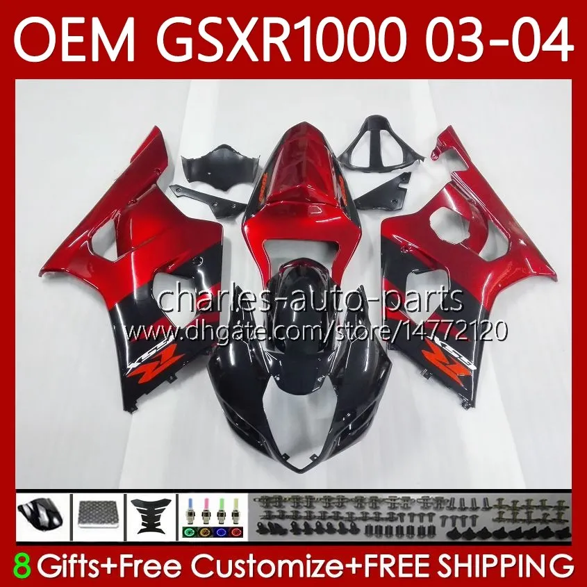 Body wtryskowe Formy dla Suzuki GSXR-1000 K3 GSX R1000 GSXR 1000 CC 2003-2004 Nadwozie 67NO.0 1000CC GSXR1000 K3 03 04 GSX-R1000 2003 2004 OEM Zestaw do błonnika Metallic Red