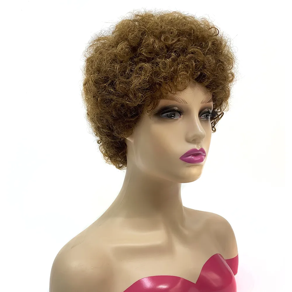 Short Afro Puff Kinky Curly Peruki for Black Women Red Burgundy Brown Pixie Cut Pixie Remy Human Hair Afro Curl Pełne peruki