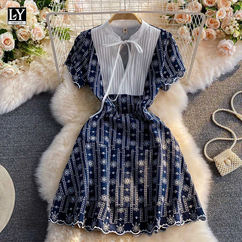 LY VAREY LIN Summer Women Sweet High Waist A-line Dresses Casual Petal Sleeve Ruffles Embroidery Female 210526