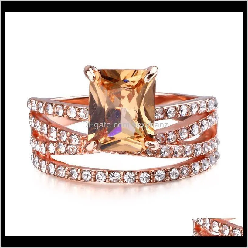 trendy 14k plated rose gold square crystal rhinestone gem engagement wedding band rings champagne color finger ring women gift size