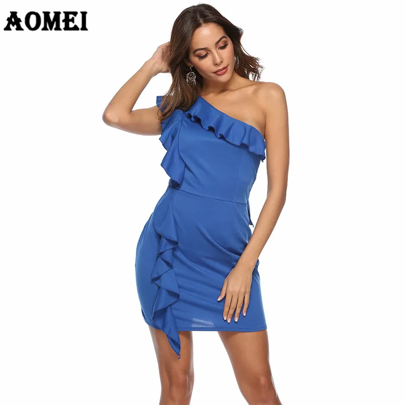 Women Dress One Shoulder Party Ruffles Sexy Dinner Clubwear Ladies Blue Slim Tunic Femme Tight Package Hip Spring Elegant Robes 210416