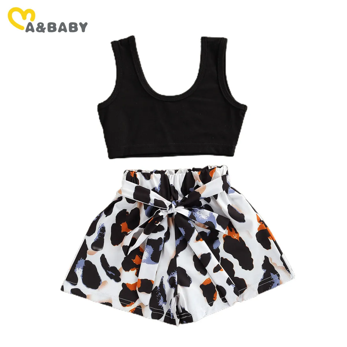 0-3Y Summer Toddler Spädbarn Baby Kid Girl Clothes Set Vest Tops Bow Leopard Shorts Outfits Kostymer 210515