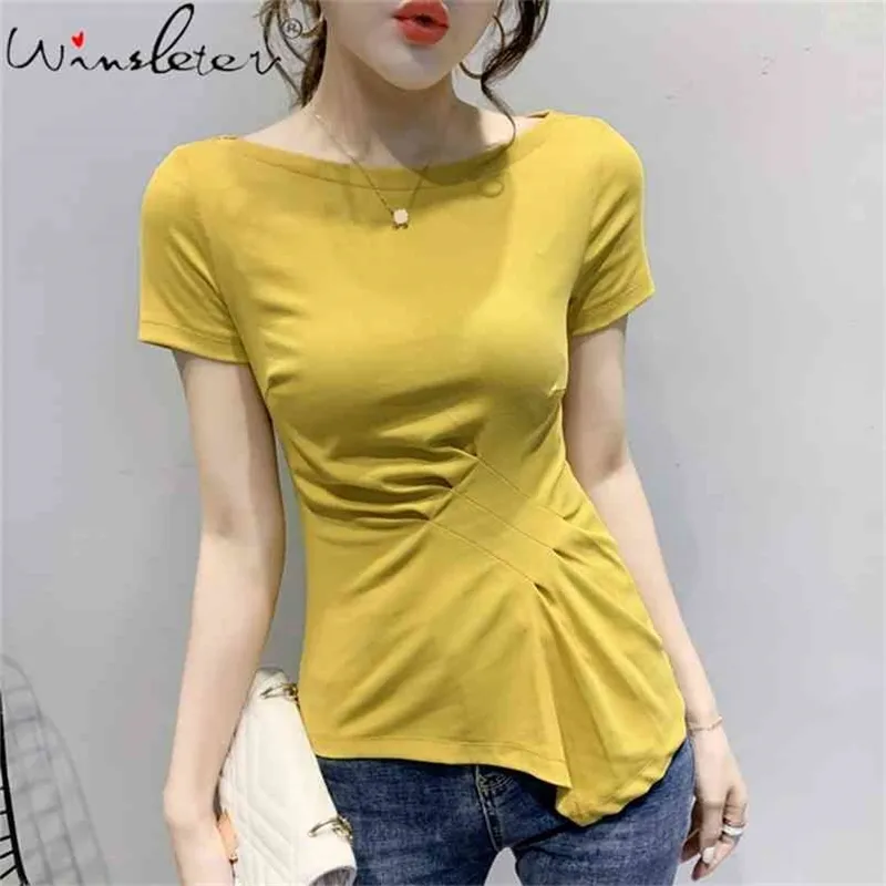 Katoen Tee Shirts Vrouwen Casual T-shirt Vrouwelijke Zomer Tops Koreaanse Korte Mouw Slanke T met onregelmatige zoom T04117B 210421