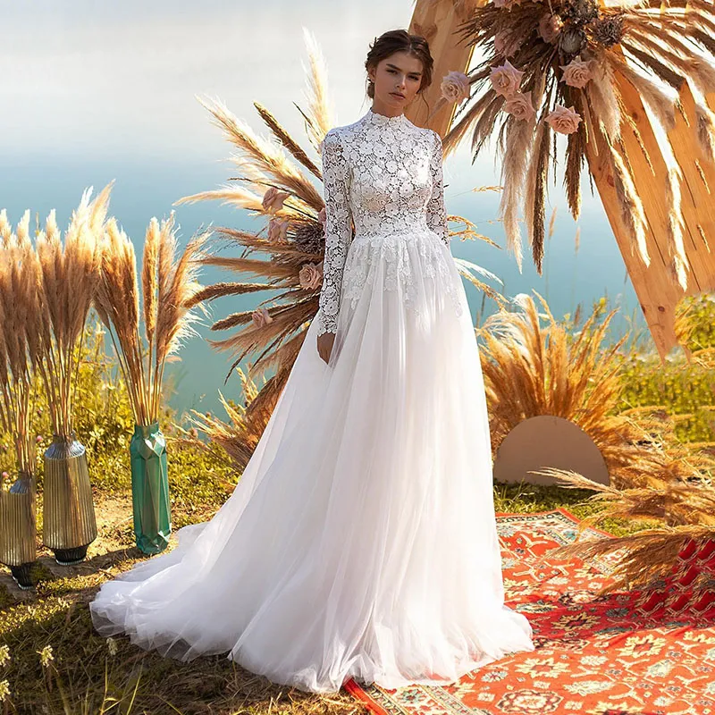 chinese dress ladies Floral Lace High Neck Hijab Wedding Dress Long Sleeves TB1472 - main image 0