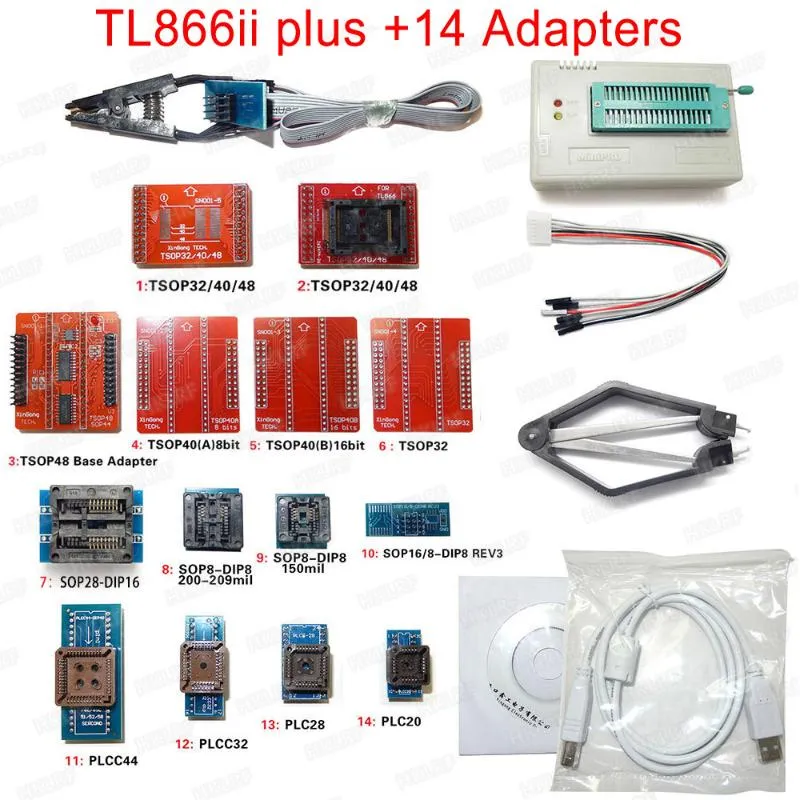 Entegre Devreler %100 Orijinal TL866II PLUS Bios Programcı+14 Adaptörler Flash EPROM EEPROM TSOP32/40/48 TSOP48 TL866A'dan Daha İyi TL866CS