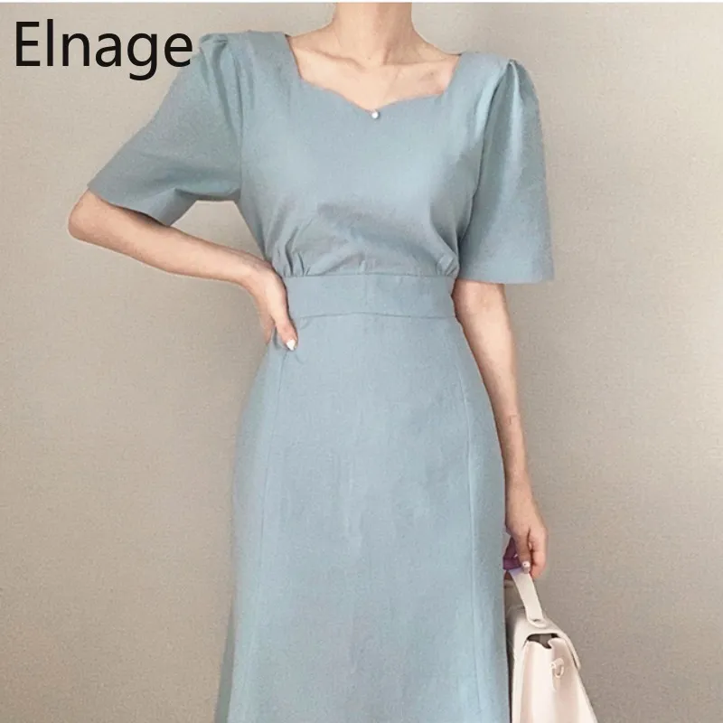 Coreano elegante simples colarinho quadrado manga curta vestido de verão mulheres uma linha sólida midi vestidos vintage slim robe lady b281 210429