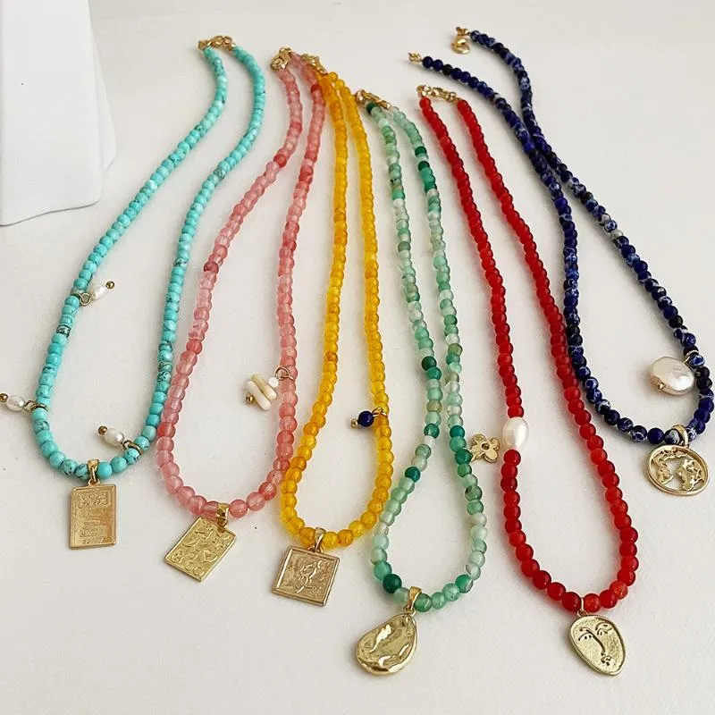 Hängsmycke Halsband Varje dag Multi-Typ Färgglada Transparent Natursten Beaded Halsband för Kvinnor Flickor Metall Mynt Smycken