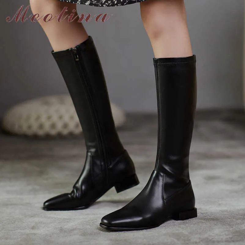Meotina Real Leather Low Heel Riding Boots Knee High Boots Women Shoes Square Toe Zip Chunky Heels Ladies Long Boots Brown 40 210608